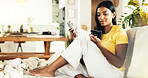 House, credit card and woman with cellphone, purchase and typing with online shopping. Person, mobile app and girl on couch, smartphone and banking with ecommerce, transactions and payment with app