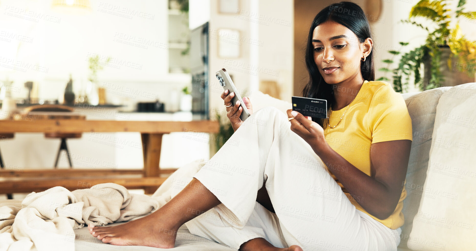 Buy stock photo House, credit card and woman with cellphone, purchase and typing with online shopping. Person, mobile app and girl on couch, smartphone and banking with ecommerce, transactions and payment with order