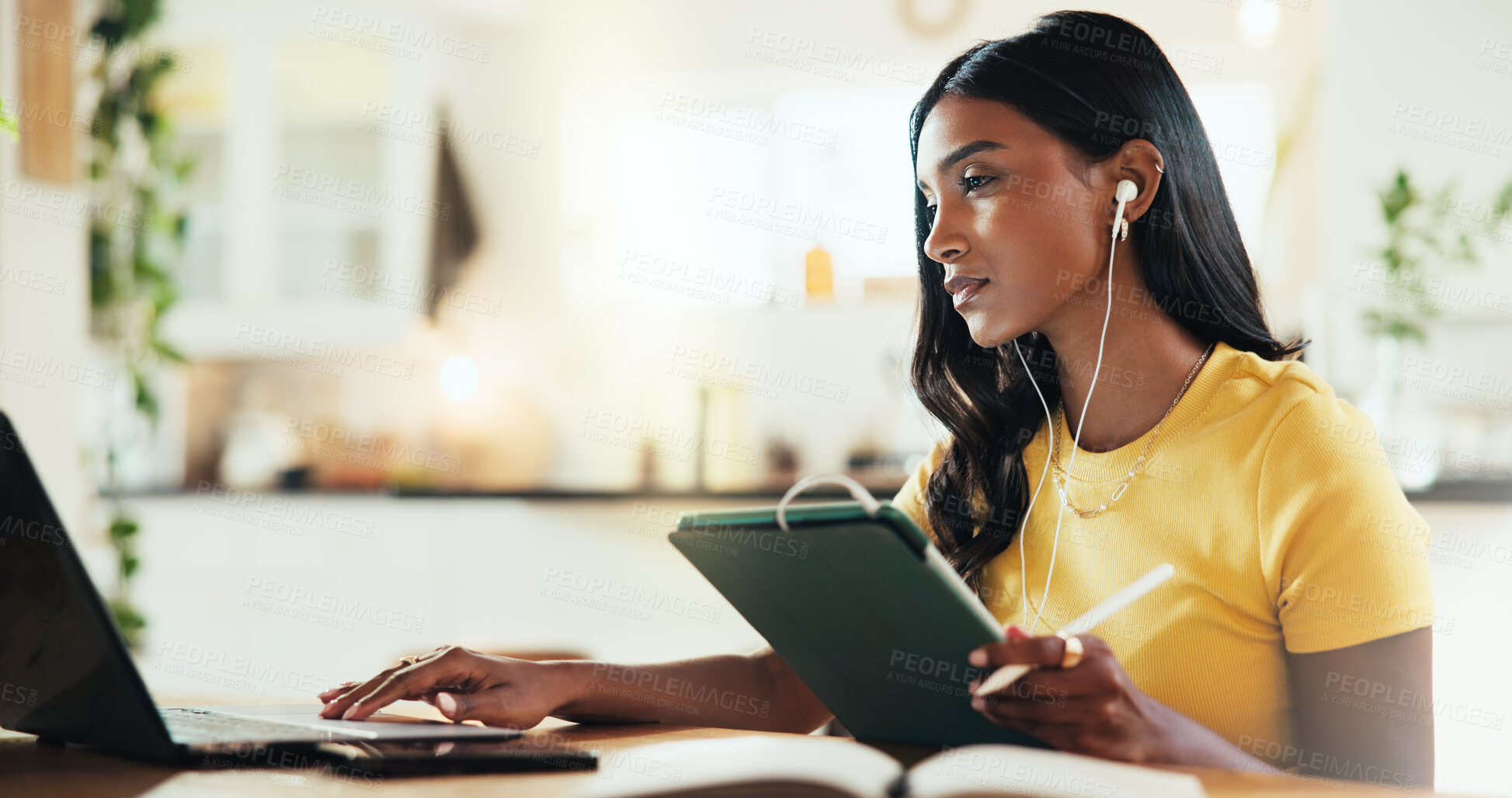 Buy stock photo Education, student and woman with laptop, tablet and typing with internet, music and knowledge. Person, house and girl with earphones, connection and studying for exams and digital app for elearning