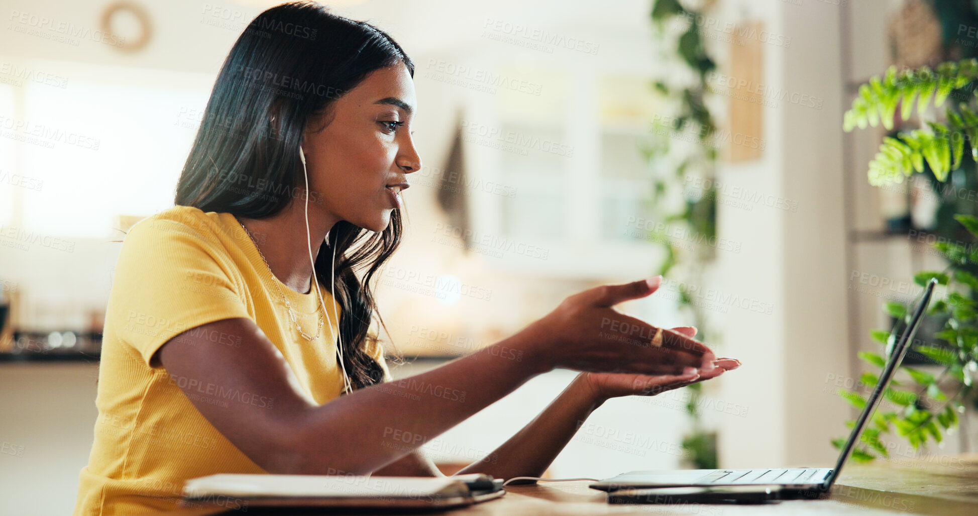 Buy stock photo Laptop, woman and video call in home, elearning and webinar course for remote education. Computer, college student and virtual meeting, talking and earphones for lesson in online class or conference