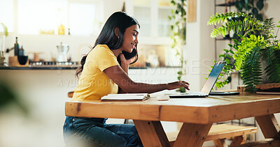 Buy stock photo Phone call, laptop and freelancer with woman at home for virtual coaching, communication and subscription. Consulting, remote work and online course with person and contact for small business