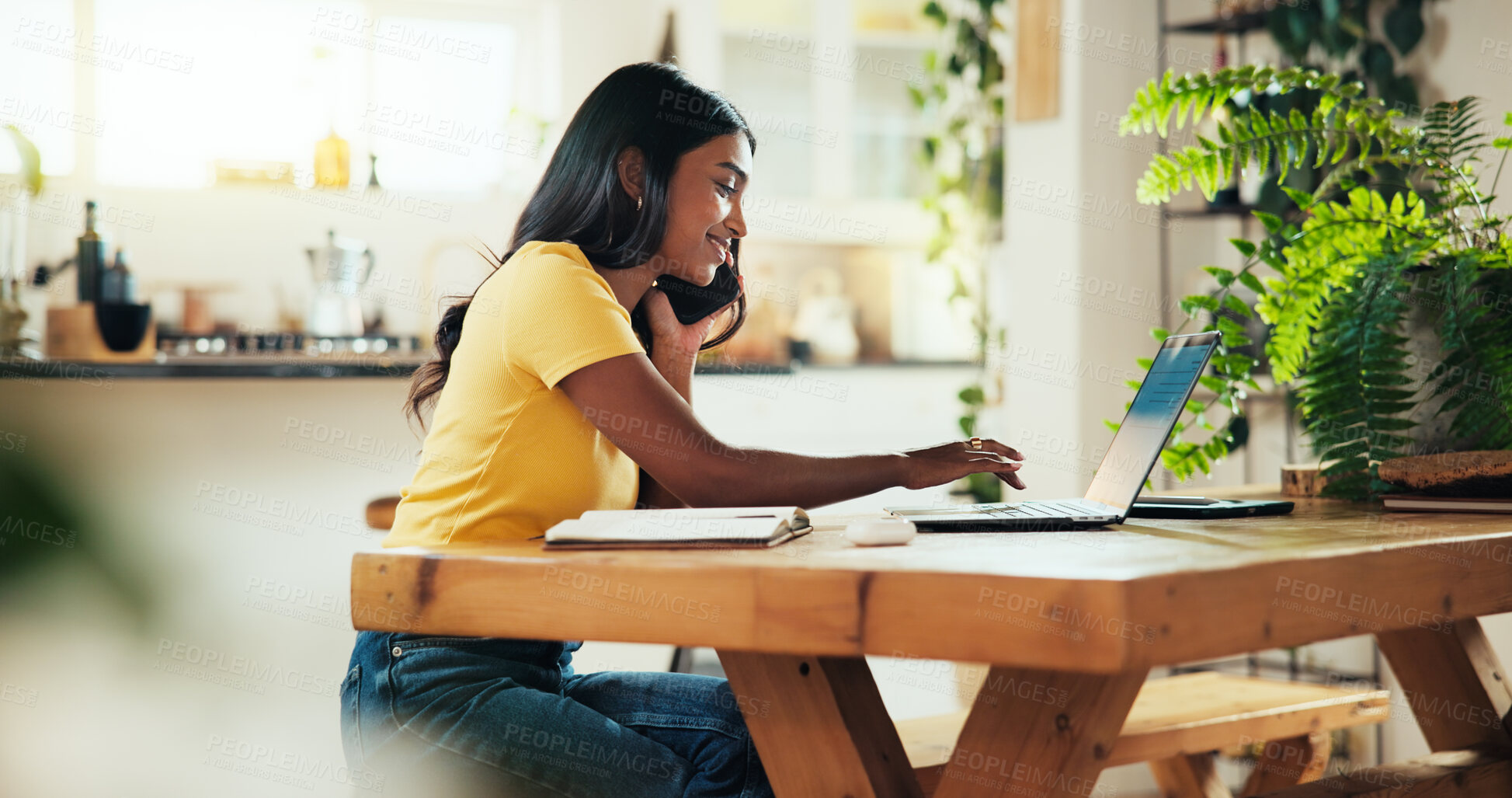 Buy stock photo Phone call, laptop and freelancer with woman at home for virtual coaching, communication and subscription. Consulting, remote work and online course with person and contact for small business