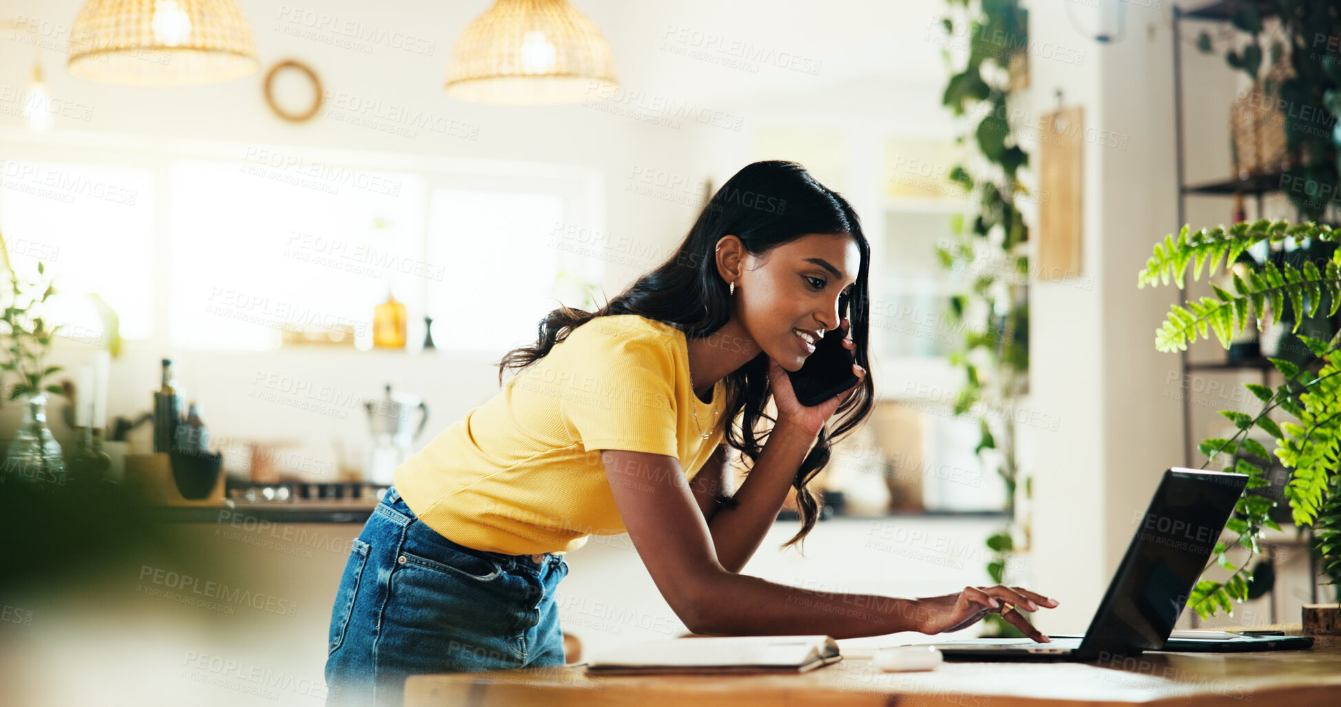 Buy stock photo Business woman, laptop or event planner with phone call  for schedule, appointment or online booking at home. Female person, admin or organizer checking record on computer with mobile smartphone