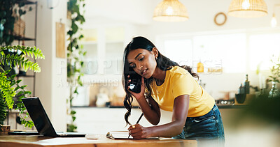Buy stock photo Business woman, writing and phone call with book for schedule, appointment or record keeping at home. Female person, admin or freelancer taking notes with mobile smartphone for discussion or agenda