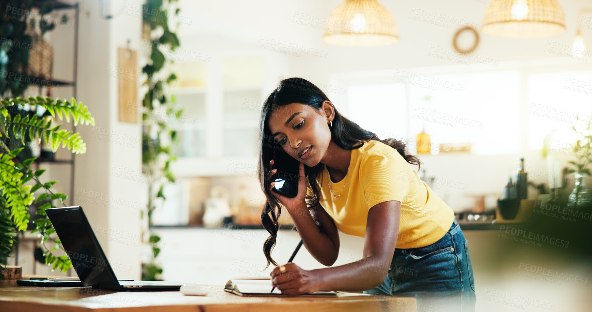 Buy stock photo Business woman, writing and phone call with book for schedule, appointment or record keeping at home. Female person, admin or freelancer taking notes with mobile smartphone for discussion or agenda