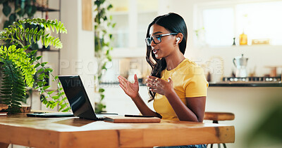 Buy stock photo Laptop, woman and video call in home, education and webinar course for remote learning. Computer, college student and virtual meeting, talking and earphones for lesson in online class or conference
