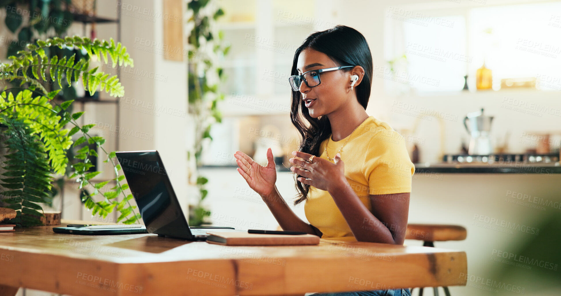 Buy stock photo Laptop, woman and video call in home, education and webinar course for remote learning. Computer, college student and virtual meeting, talking and earphones for lesson in online class or conference