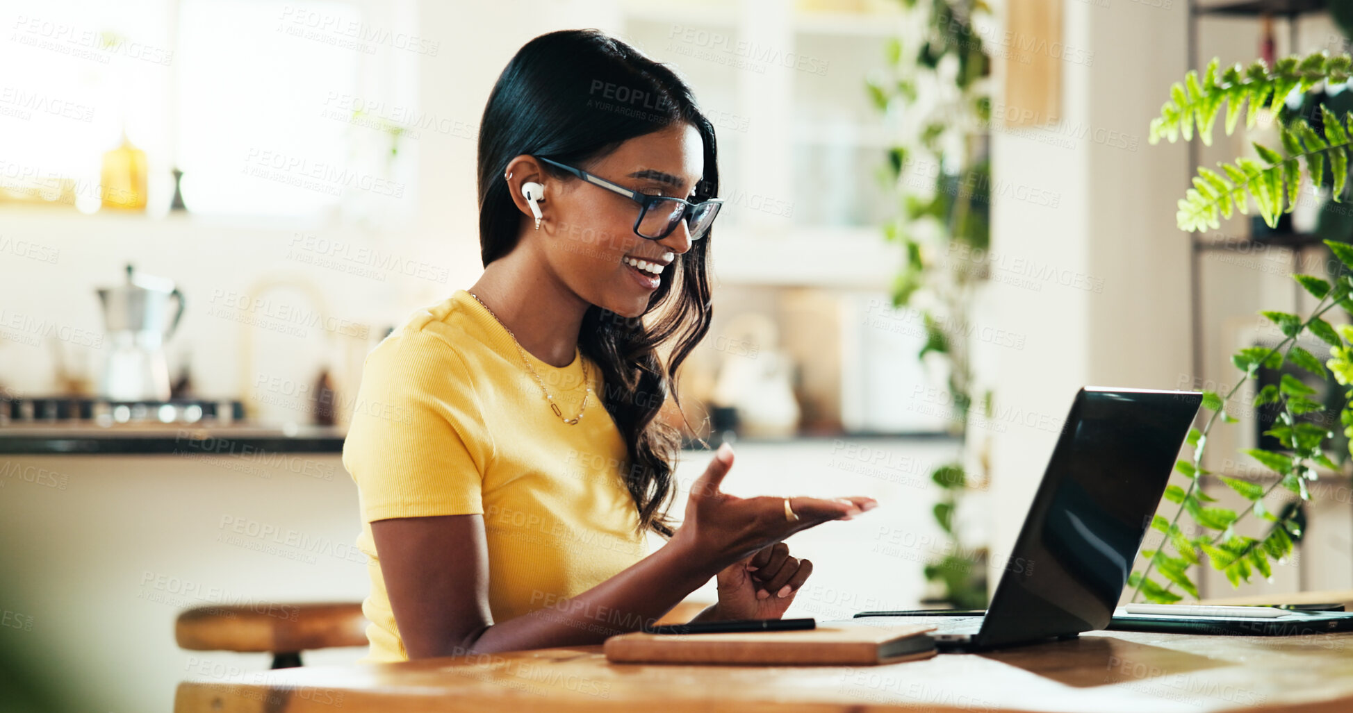 Buy stock photo Laptop, happy woman and video call, webinar and elearning for remote education in home. Computer, college student and virtual meeting, talking and earphones for lesson in online class or conference