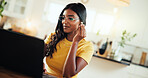 Remote work from home, earphones and woman with laptop and listening to music, audio and radio. Person, apartment or freelancer for transcriptions, copywriting or song with pc, internet or connection