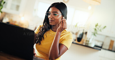 Buy stock photo Remote work from home, earphones and woman with laptop and listening to music, audio and radio. Person, apartment or freelancer for transcriptions, copywriting or song with pc, internet or connection