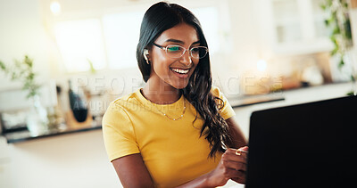 Buy stock photo Video call, laptop and freelancer with woman at home for virtual coaching, webinar and subscription. Digital product, remote work and online course with person and earphones for small business.