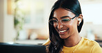 Remote work from home, smile and woman with laptop, ideas and online reading. Internet, apartment and freelancer with computer, listening to music and thinking with research for project and email