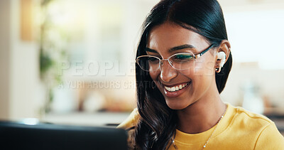 Buy stock photo Remote work from home, smile and woman with laptop, ideas and online reading. Internet, apartment and freelancer with computer, listening to music and thinking with research for project and email