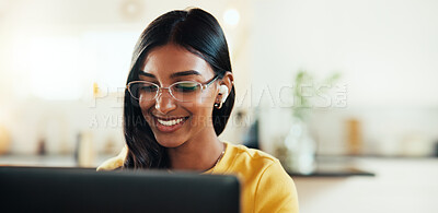 Buy stock photo Remote work from home, earphones and woman with laptop, ideas and online reading for email. Person, apartment and freelancer with computer, listening to music and internet with research for project