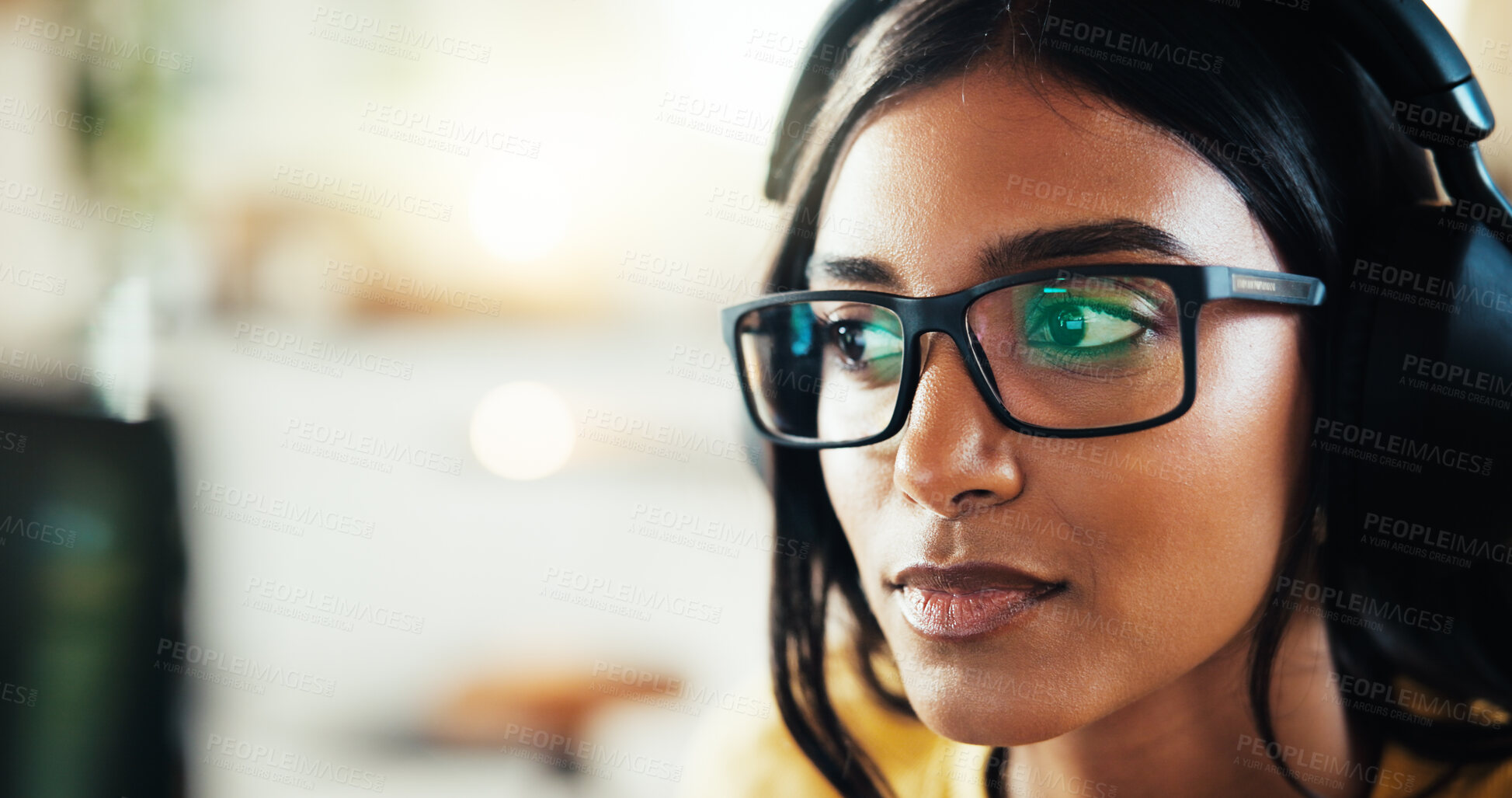 Buy stock photo Coding, developer or woman in headphones for remote work server or processing solution. Glasses, information technology or Indian programmer on computer for backend development or research in home
