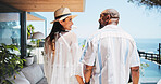 Back, swimming pool and couple with vacation, travel and bonding together with honeymoon. People, outdoor and man with woman, interracial and tropical island with romance, hospitality or relationship