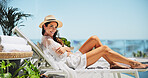 Woman, sunbathing and portrait with vacation, rest and smile for trip, break and travel. Luxury resort, peace and girl with deck chair, adventure and carefree for hotel accommodation or hospitality