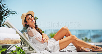 Buy stock photo Woman, sunbathing and portrait with vacation, smile and relax for trip, break and travel. Luxury resort, peace and girl with deck chair, adventure and carefree for hotel accommodation or hospitality