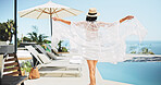 Woman, back and swimming pool with luxury vacation, view and freedom for trip, break and travel. Resort, peace and girl with walk, adventure and carefree for hotel accommodation or hospitality
