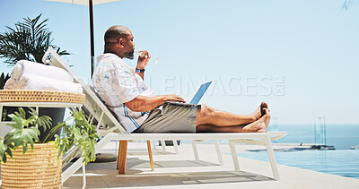 Buy stock photo Swimming pool, vacation and black man with laptop, relax and resting with internet. African person, outdoor and entrepreneur with computer, weekend break and summer with connection and website info