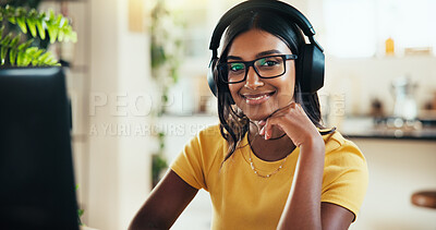 Buy stock photo Laptop, music and portrait with Indian woman in home office as graphic designer for marketing campaign. Computer, headphones and remote work with happy freelance employee in apartment for publication
