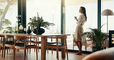 Buy stock photo Break, thinking and woman with wine, home and calm with alcohol in apartment, relax and living room. Morning, reflection and person with liquor in house, peace and contemplating for memory with drink