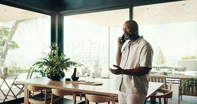 Buy stock photo Phone call, house and black man in lounge, communication and planning with network. African person, online survey and guy with smartphone, mobile app for chatting and discussion with connection