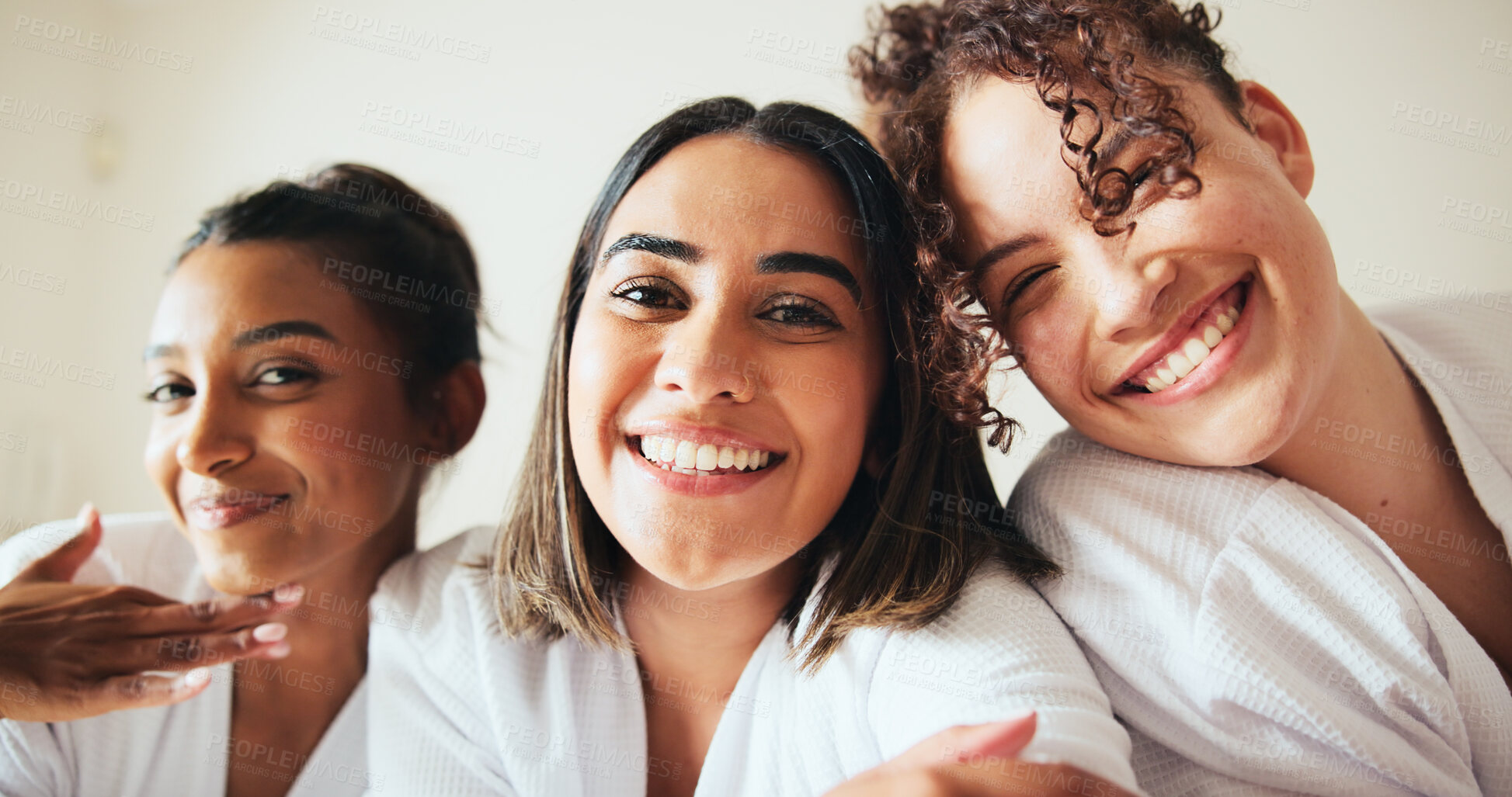 Buy stock photo Relax, friends and selfie of happy women at spa for holiday, luxury vacation or group at beauty resort. Girls, photo and portrait together at hotel for wellness, skincare and pov at sleepover party