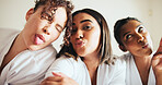 Relax, friends and selfie of women at spa, holiday or luxury vacation at beauty resort. Girls, group photo or together at hotel for wellness, goofy or silly picture with funny face at sleepover party