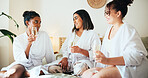 House, bachelorette party and women with champagne, comfort and showing ring with luxury. People, bedroom and bride with friends, gossip and relax with alcohol, bonding together and happiness