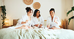 House, bachelorette party and women with champagne, support and showing ring with luxury. People, bedroom and bride with friends, comfort and relax with alcohol, bonding together and happiness