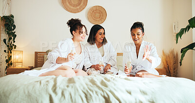Buy stock photo Home, bachelorette party and women with champagne, ring and happiness with luxury. People, bedroom and bride with friends, comfort and relax with alcohol, bonding together and jewellery in hotel