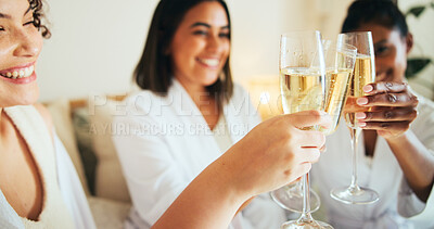 Buy stock photo Hands, friends and glass for toast at spa, relax and happy for reunion, bonding and diversity at resort. People, girl and group with champagne, drinks or cheers with alcohol in hotel room on vacation