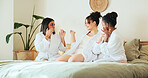 Eye patch, skincare and friends with women in bedroom for beauty, spa day and dermatology. Facial, natural cosmetics treatment and hotel resort with women for self care, luxury and relax together