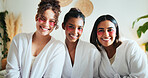Eye patch, skincare and portrait with friends in bedroom for beauty, spa day and dermatology. Facial, natural cosmetics treatment and hotel resort with women for self care, luxury and relax together
