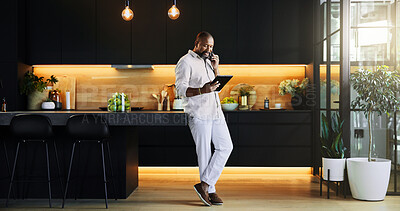 Buy stock photo Black man, talking and phone call on tablet at house for research, schedule update and feedback. Person, mobile or communication with information, online negotiation and investment deal for proposal 
