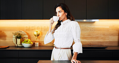 Buy stock photo Morning, drinking and woman with coffee, kitchen and thinking for business in home, mug and serious. Contemplating, entrepreneur and person with tea cup for breakfast, thoughtful and apartment