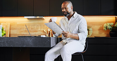 Buy stock photo Black man, coffee and document for remote work at house of finance, insurance and investment proposal. Person, caffeine beverage and paperwork for application, reading checklist and deal information 