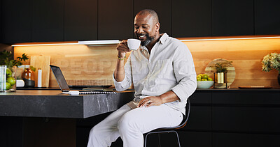 Buy stock photo Remote work, coffee and black man in kitchen with laptop for research, online networking and website. Business entrepreneur, working from home and person with drink for break, wellness and relaxing
