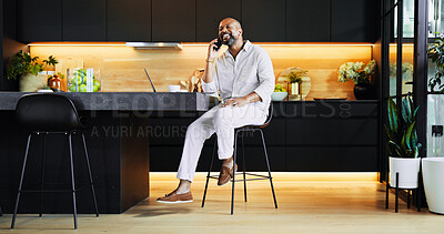 Buy stock photo Happy, black man and remote work with phone call at house for communication, schedule update and feedback. Freelancer, mobile and discussion with online negotiation, investment deal and proposal idea