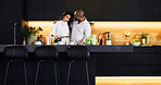 Love, hug and coffee with interracial couple in kitchen for bonding, morning and romance. Happiness, support and care with man and woman at home for caffeine, marriage and valentines day