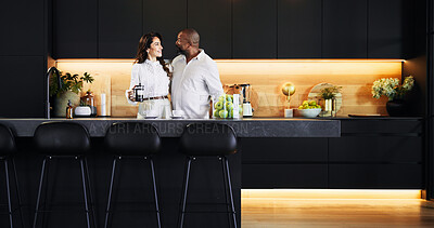 Buy stock photo Love, coffee and smile with interracial couple in kitchen for bonding, morning and romance. Happiness, support and care with man and woman at home for caffeine, marriage and valentines day together
