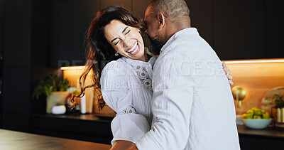Buy stock photo Care, dance and laugh with interracial couple in kitchen for bonding, connection and romance. Happiness, support and love with man and woman at home for commitment, marriage and valentines day