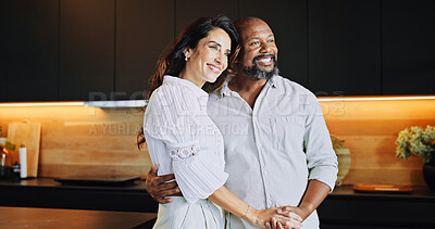Buy stock photo Smile, dance and trust with interracial couple in kitchen for bonding, connection and romance. Happiness, support and care with man and woman at home for commitment, marriage and valentines day