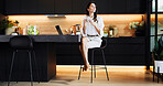 Remote work, thinking and woman in kitchen with laptop for research, online networking and website. Professional, working from home and person with tech for business consultant, career and planning