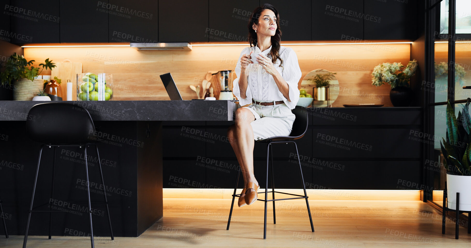 Buy stock photo Remote work, thinking and woman in kitchen with laptop for research, online networking and website. Professional, working from home and person with tech for business consultant, career and planning