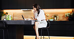 Online, serious and woman with laptop, kitchen and remote work for brand manager, reading and house. Typing, employee and person with website for ad campaign, market research and media strategist