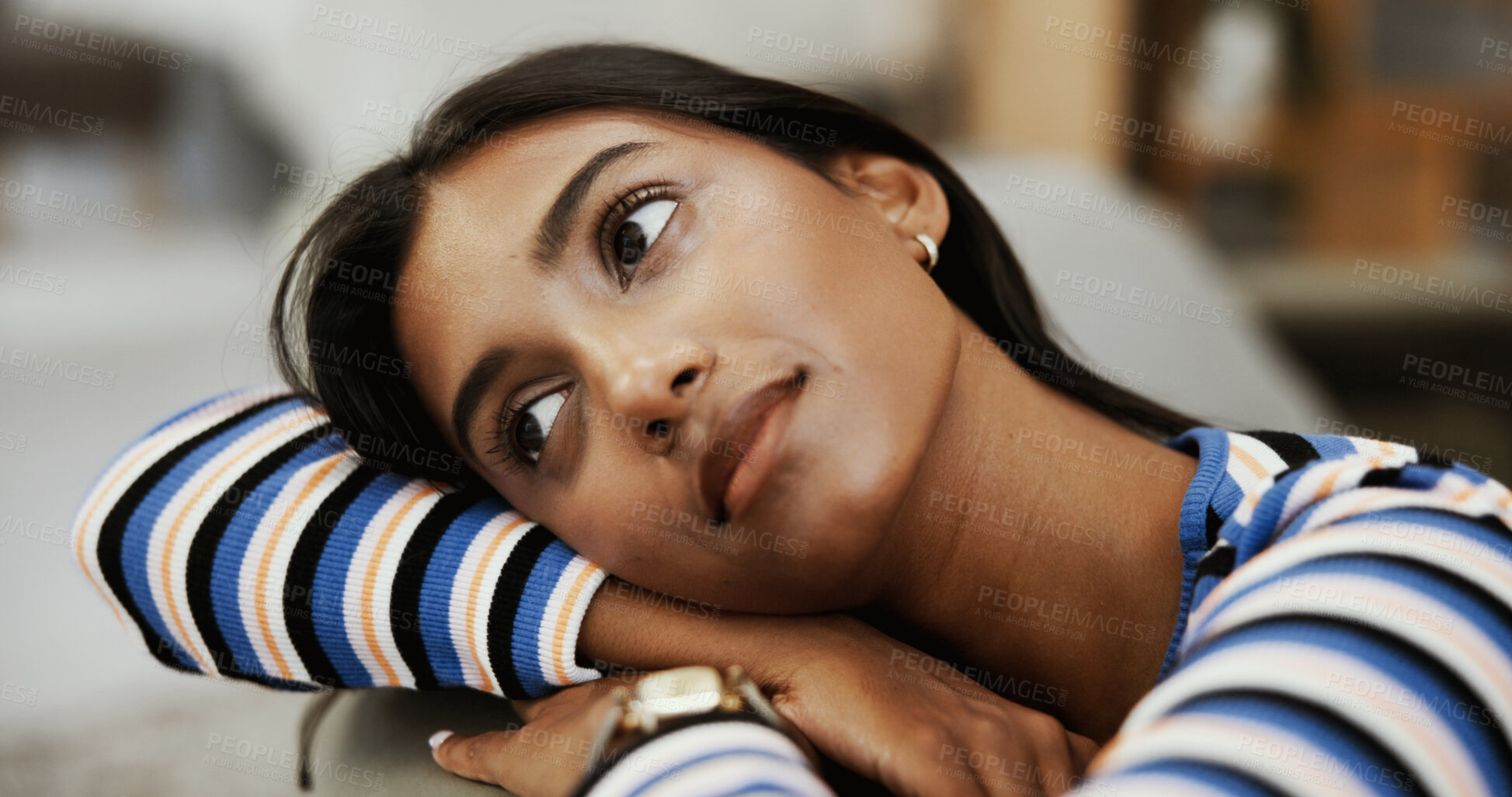 Buy stock photo Sad, woman and thinking on sofa in home with heartbreak, depression and reflection of separation. Girl, person and unhappy in lounge with loneliness, disappointed and memory of trauma in apartment