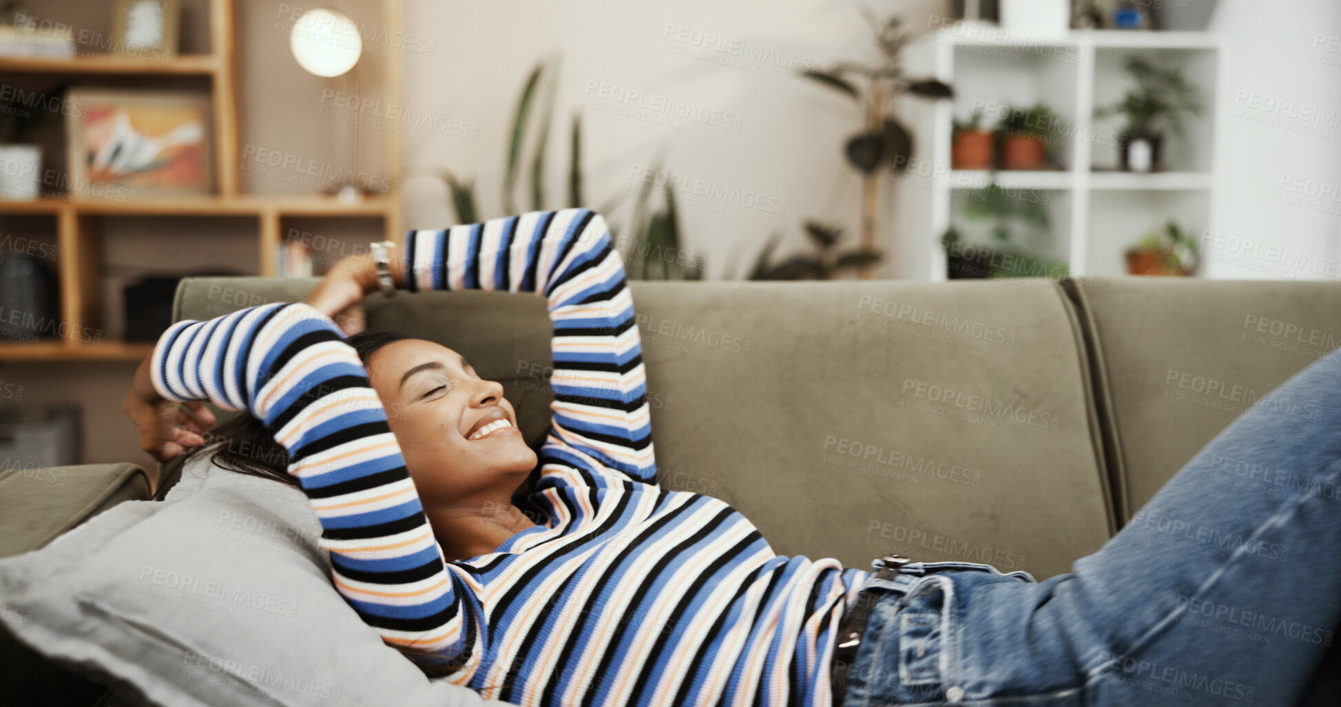 Buy stock photo Woman, happy and resting on sofa in home for wellness break, comfortable and peaceful on weekend. Girl, person and smile with relax in living room for enjoyment, calm and lazy on day off in apartment