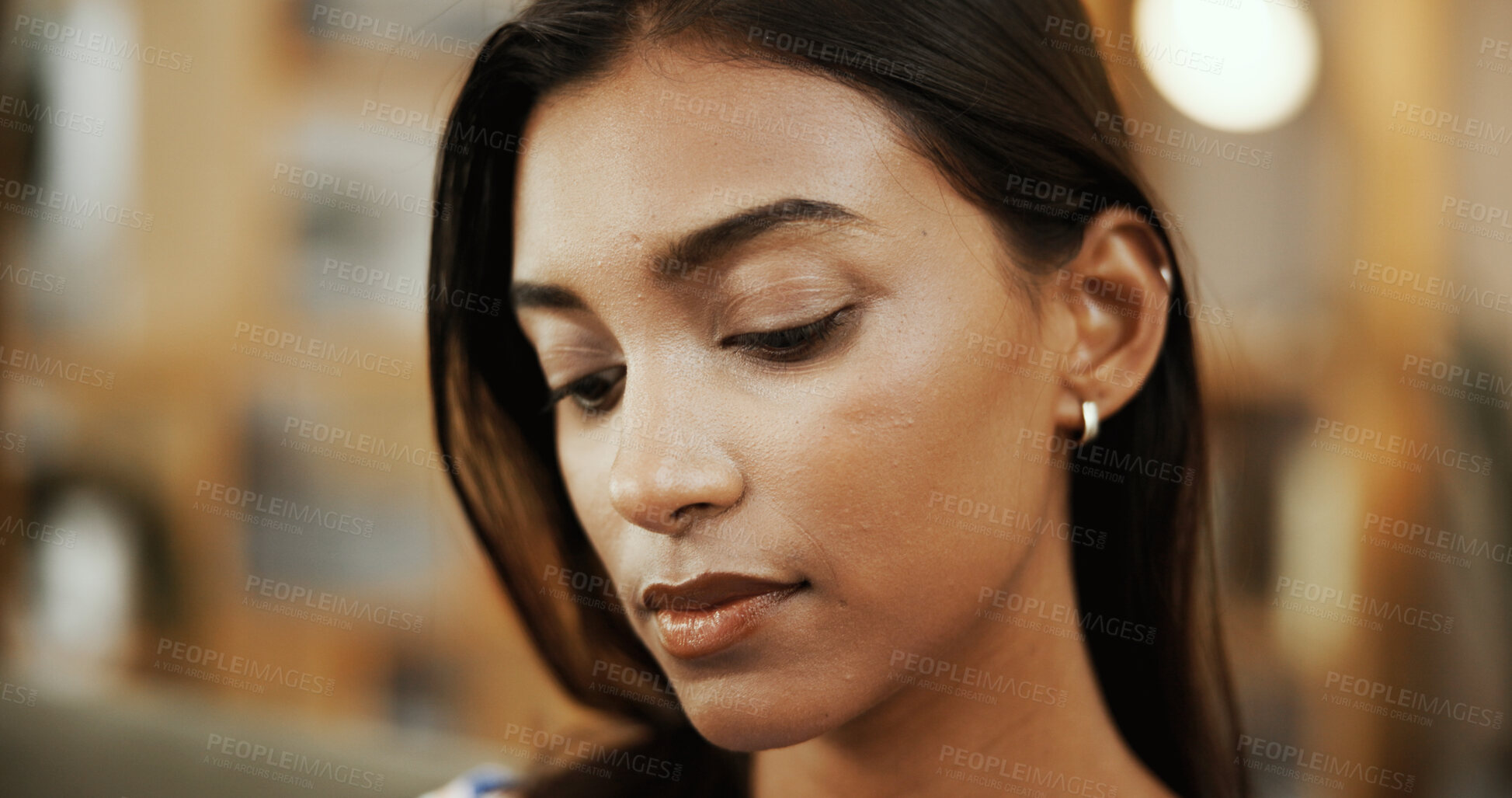 Buy stock photo Thinking, serious and woman in home, memory and planning for future in apartment, living room and sad. Lounge, contemplating and Indian person with daydream, lonely or thoughtful for breakup in house